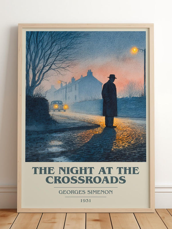 The Night At The Crossroads book cover print in frame leaning in hallway – crime wall art