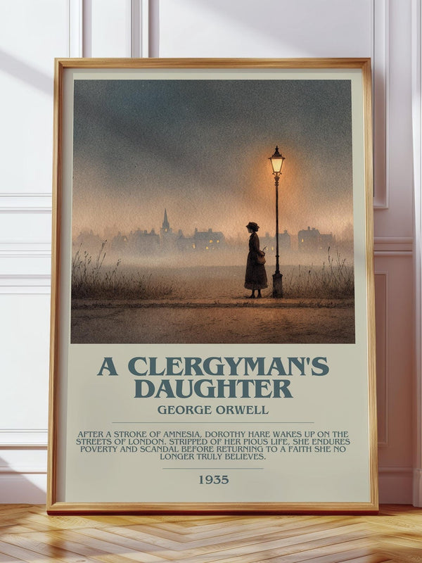 A Clergyman's Daughter bookish print in frame leaning in hallway – historical fiction wall art