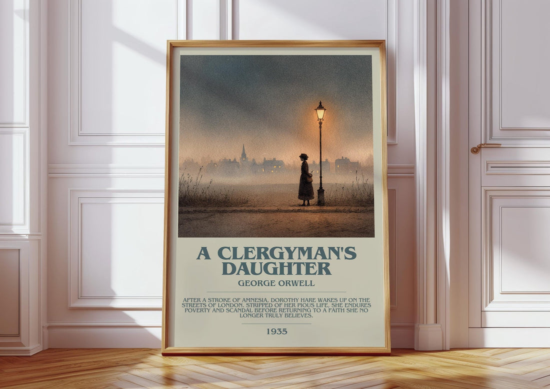A Clergyman's Daughter bookish print in frame leaning in hallway – historical fiction wall art (mockup)