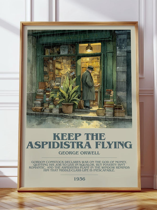 Keep the Aspidistra Flying bookish print in frame leaning in hallway – classic literature wall art