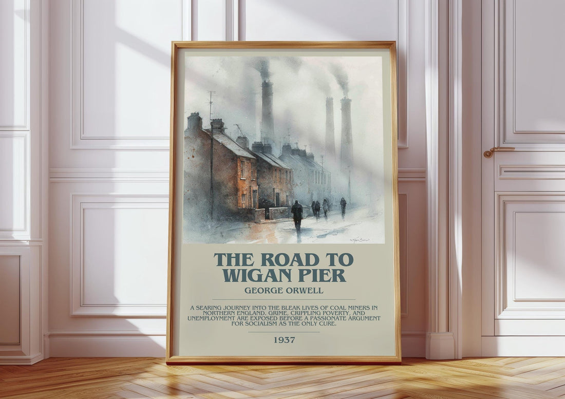 The Road to Wigan Pier bookish print in frame leaning in hallway – classic literature wall art (mockup)