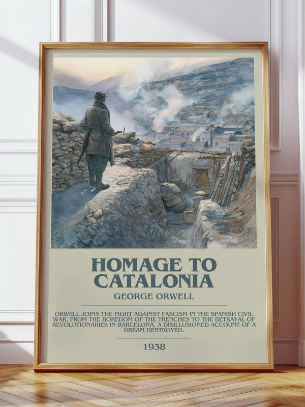 Homage to Catalonia bookish print in frame leaning in hallway – non fiction wall art