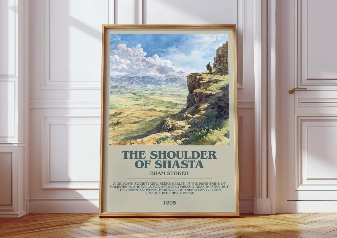 The Shoulder of Shasta bookish print in frame leaning in hallway – gothic wall art (mockup)