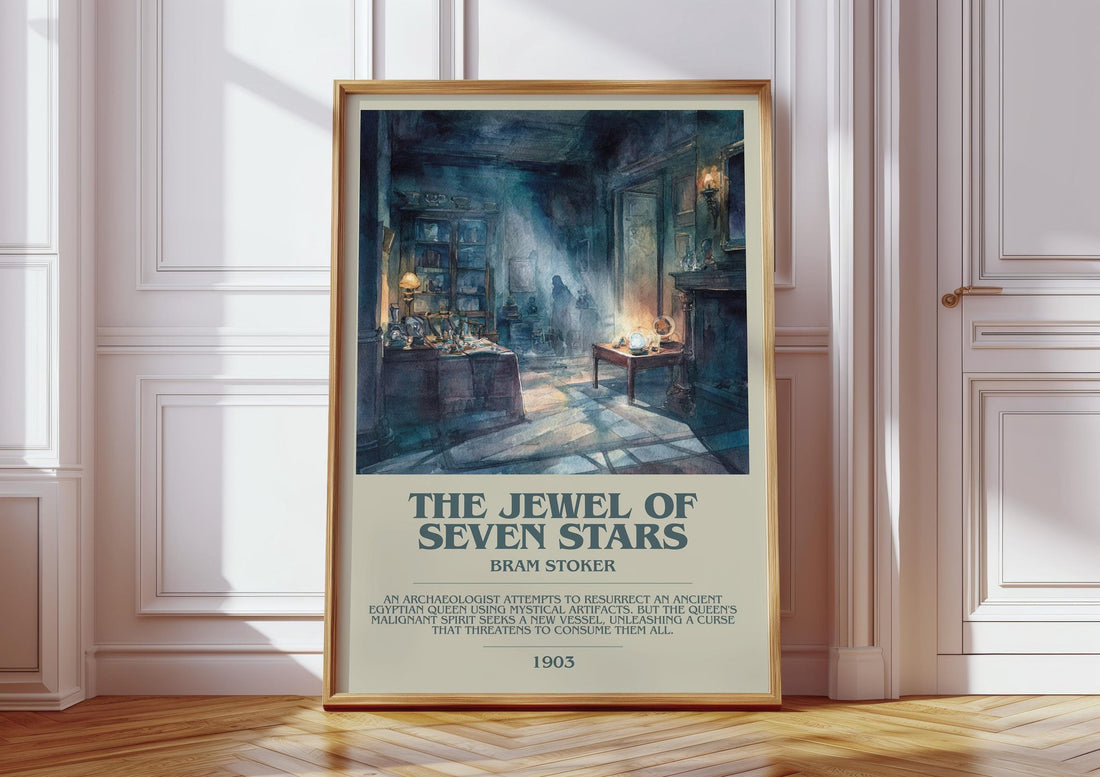The Jewel Of Seven Stars bookish print in frame leaning in hallway – mystery wall art (mockup)