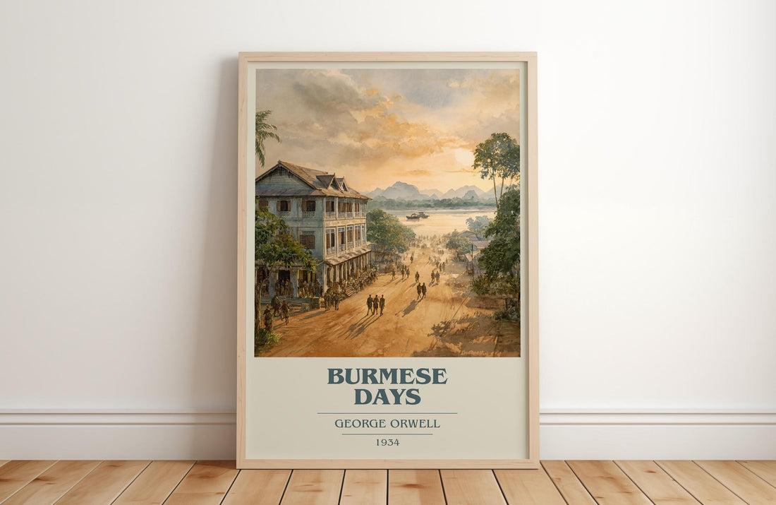 Burmese Days book cover print in frame leaning in hallway – memoir wall art (mockup)
