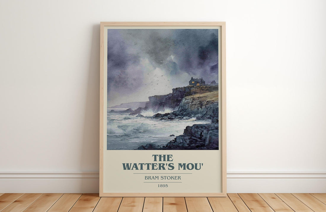 The Watter's Mou' book cover print in frame leaning in hallway – gothic wall art (mockup)