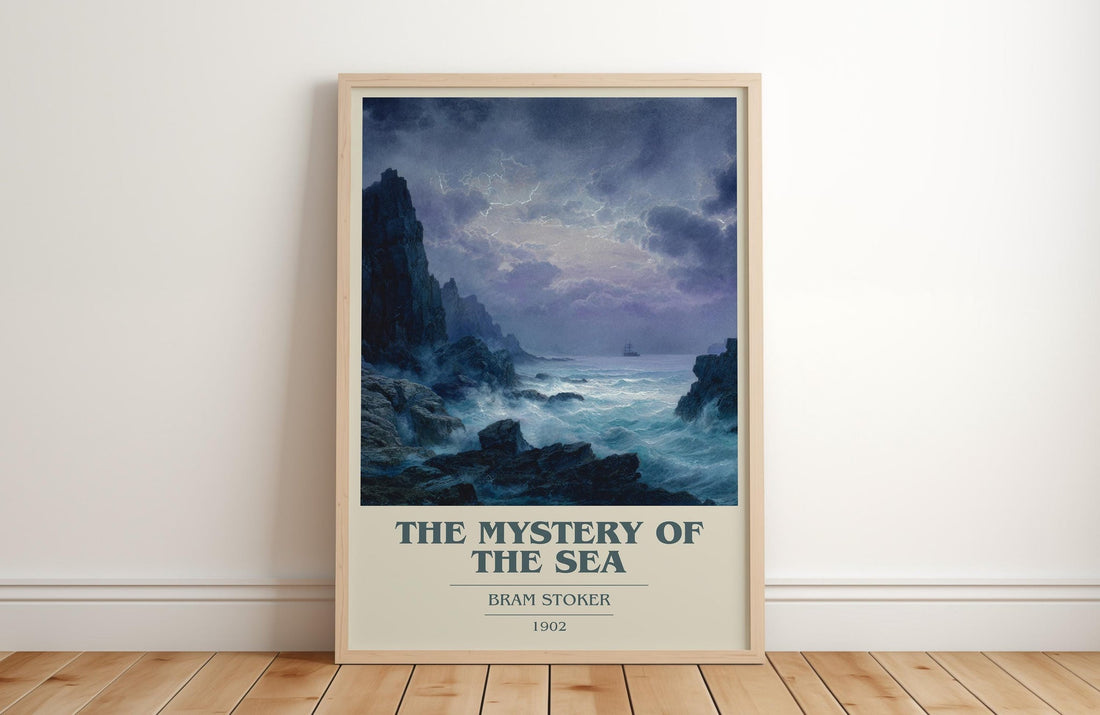 The Mystery Of The Sea book cover print in frame leaning in hallway – historical fiction wall art (mockup)