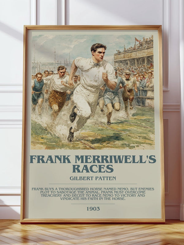 Frank Merriwell's Races bookish print in frame leaning in hallway – romance wall art