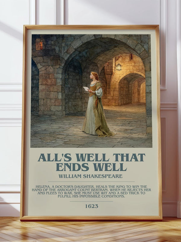All's Well That Ends Well bookish print in frame leaning in hallway – adventure wall art