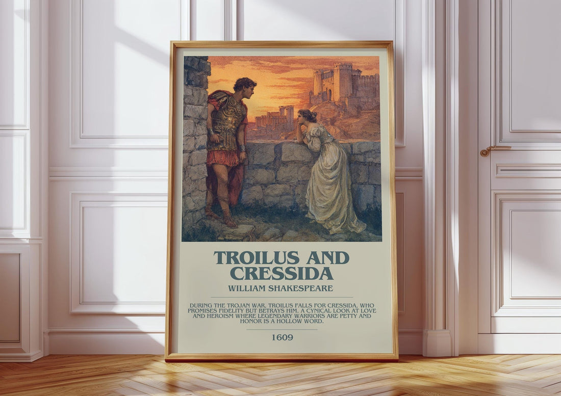 Troilus and Cressida bookish print in frame leaning in hallway – classic literature wall art (mockup)