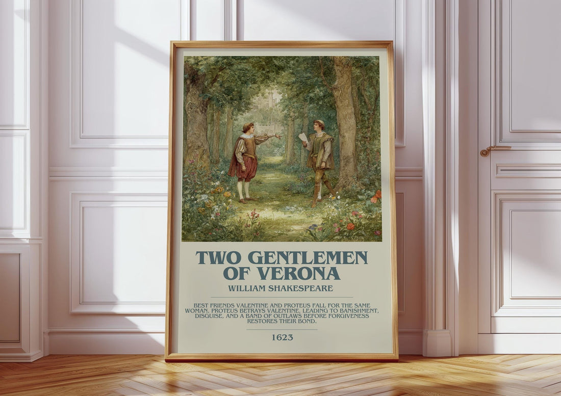 The Two Gentlemen of Verona bookish print in frame leaning in hallway – classic literature wall art (mockup)
