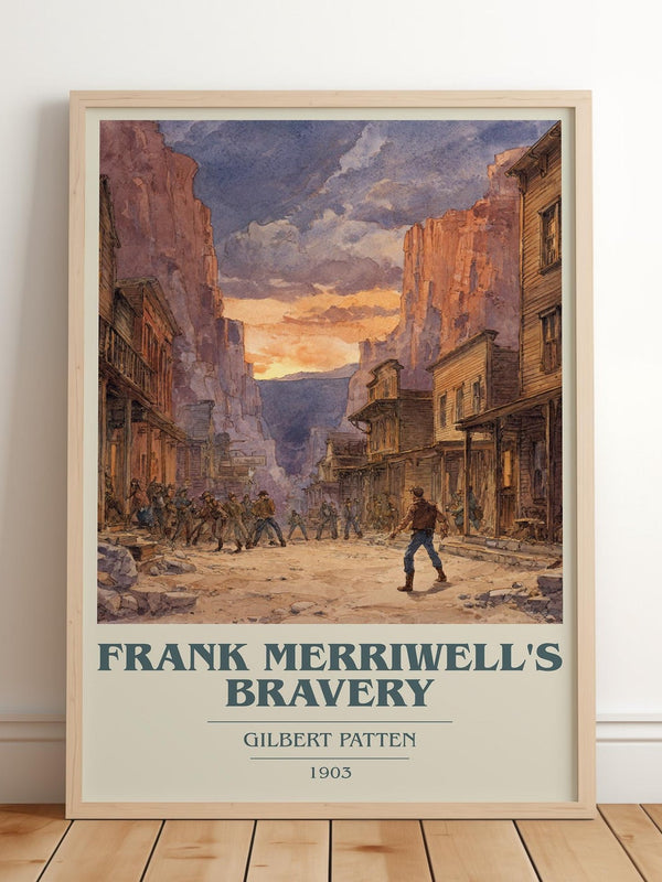 Frank Merriwell's Bravery book cover print in frame leaning in hallway – adventure wall art