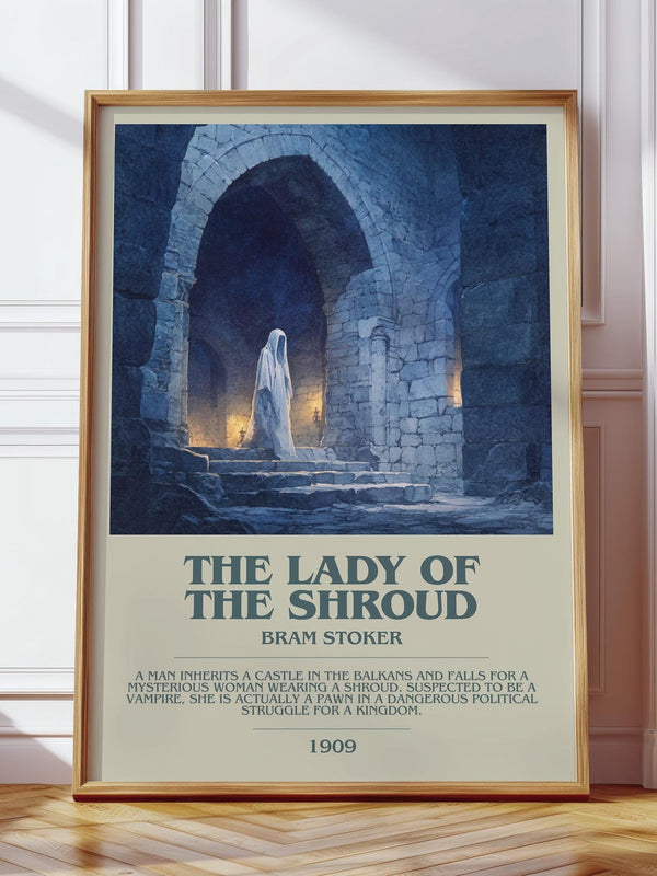 The Lady of the Shroud bookish print in frame leaning in hallway – adventure wall art
