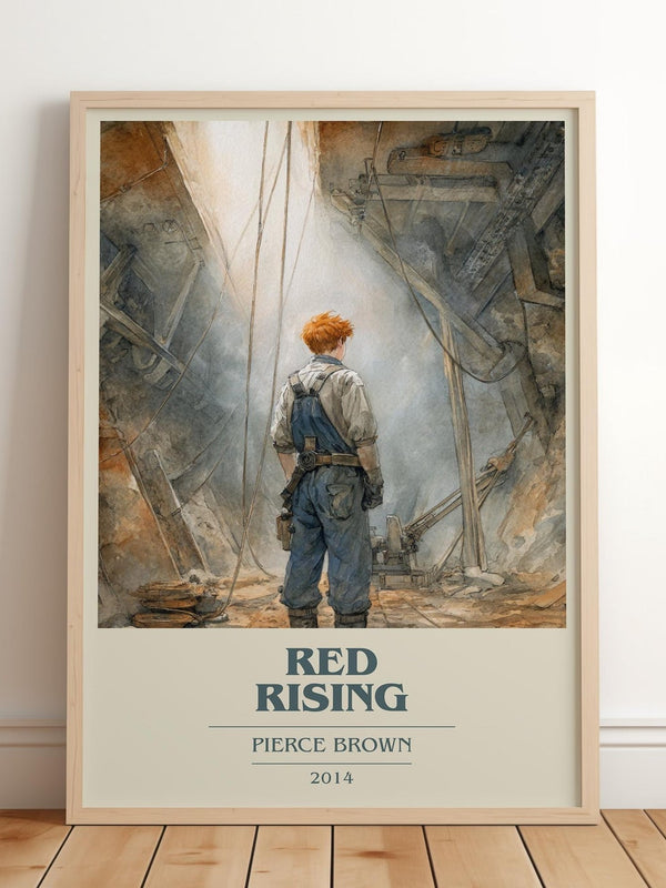 Red Rising book cover print in frame leaning in hallway – horror wall art