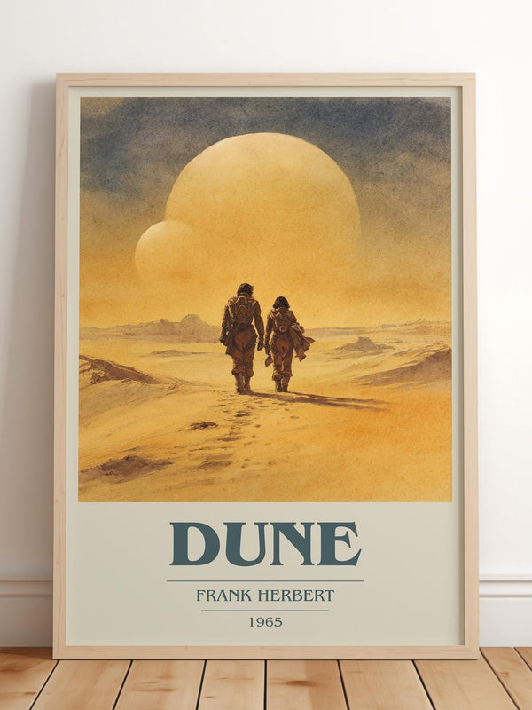 Dune book cover print in frame leaning in hallway – sci fi wall art