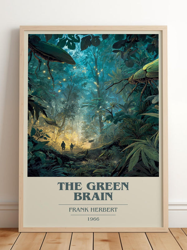 The Green Brain book cover print in frame leaning in hallway – sci fi wall art