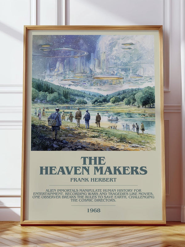 The Heaven Makers bookish print in frame leaning in hallway – sci fi wall art
