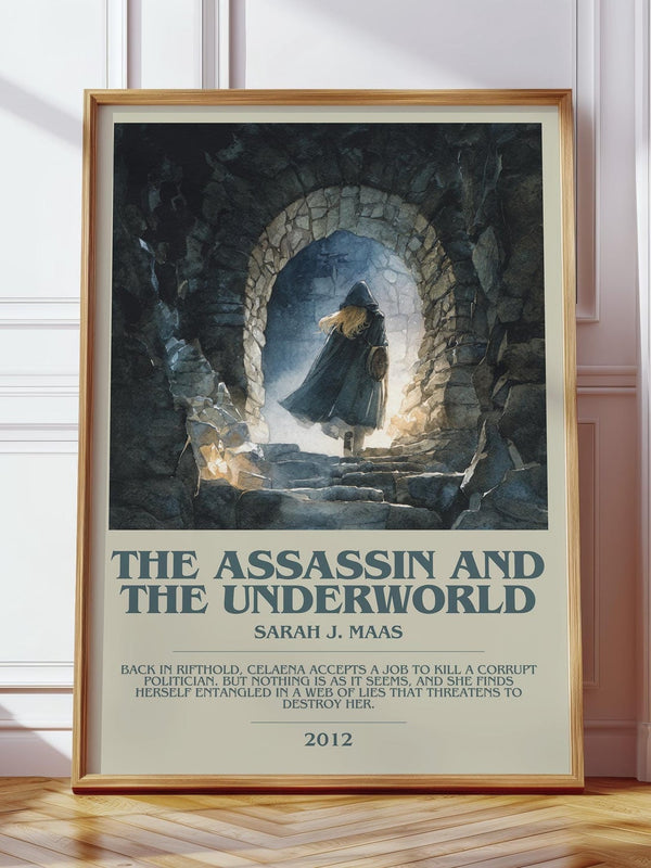 The Assassin And The Underworld bookish print in frame leaning in hallway – fantasy wall art