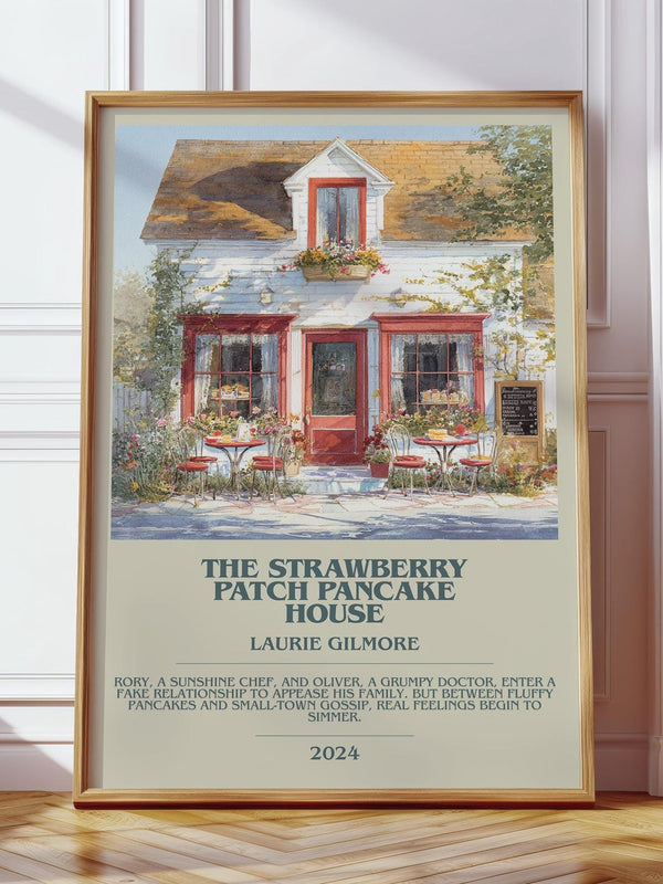 The Strawberry Patch Pancake House bookish print in frame leaning in hallway – romance wall art