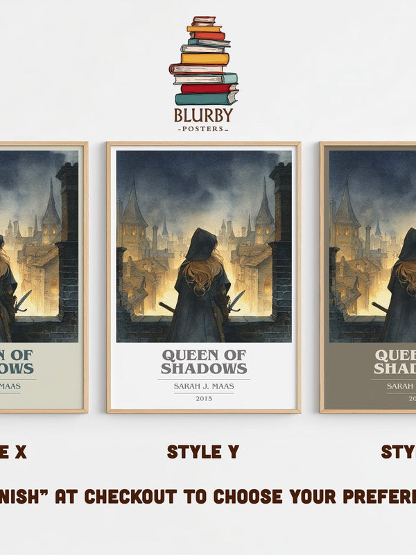 Queen of Shadows book cover print in frame leaning in hallway – fantasy wall art