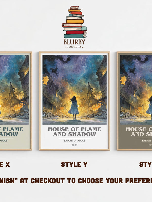 House Of Flame And Shadow book cover print in frame leaning in hallway – fantasy wall art