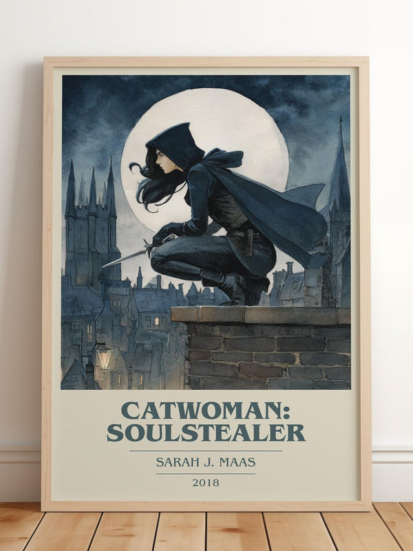 Catwoman: Soulstealer book cover print in frame leaning in hallway – fantasy wall art
