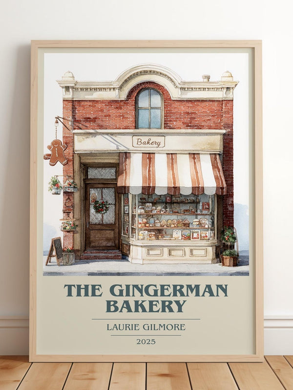 The Gingerman Bakery book cover print in frame leaning in hallway – romance wall art