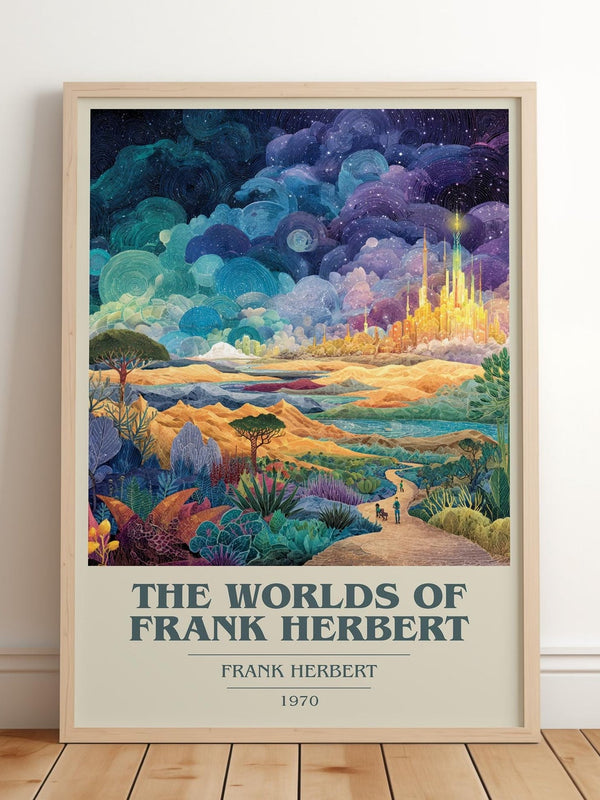 The Worlds of Frank Herbert book cover print in frame leaning in hallway – sci fi wall art