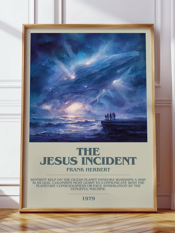 The Jesus Incident bookish print in frame leaning in hallway – romance wall art