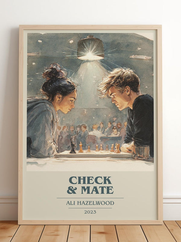 Check & Mate book cover print in frame leaning in hallway – romance wall art