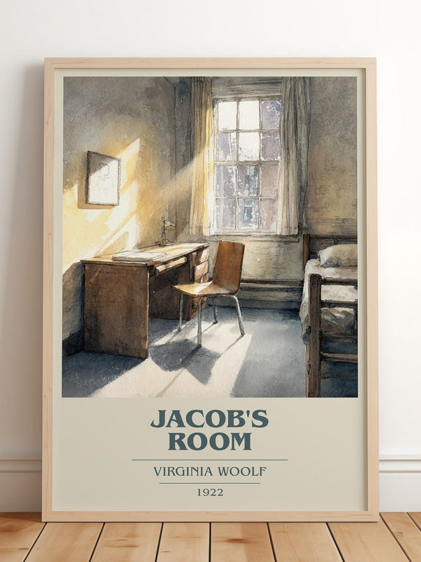 Jacob's Room book cover print in frame leaning in hallway – classic literature wall art