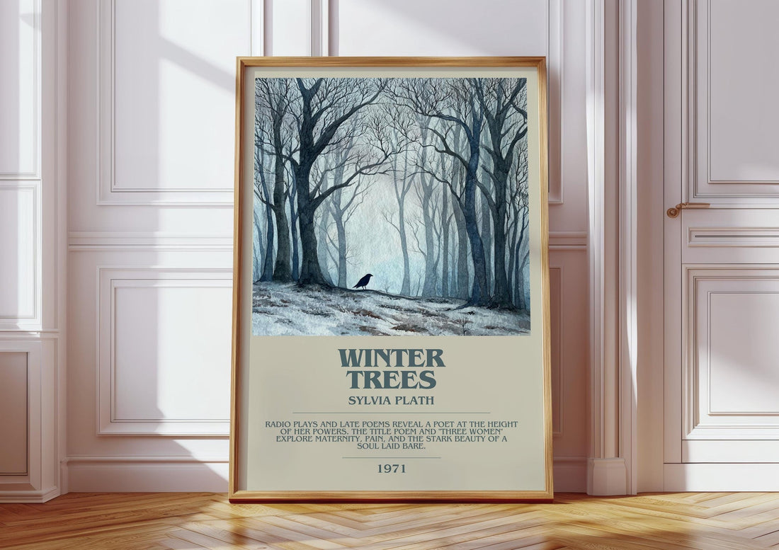 Winter Trees bookish print in frame leaning in hallway – poetry wall art (mockup)