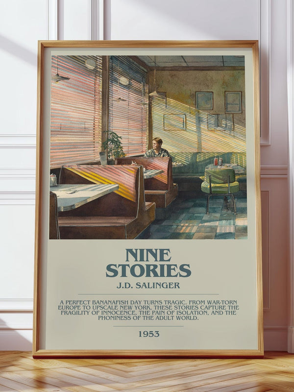 Nine Stories bookish print in frame leaning in hallway – childrens wall art