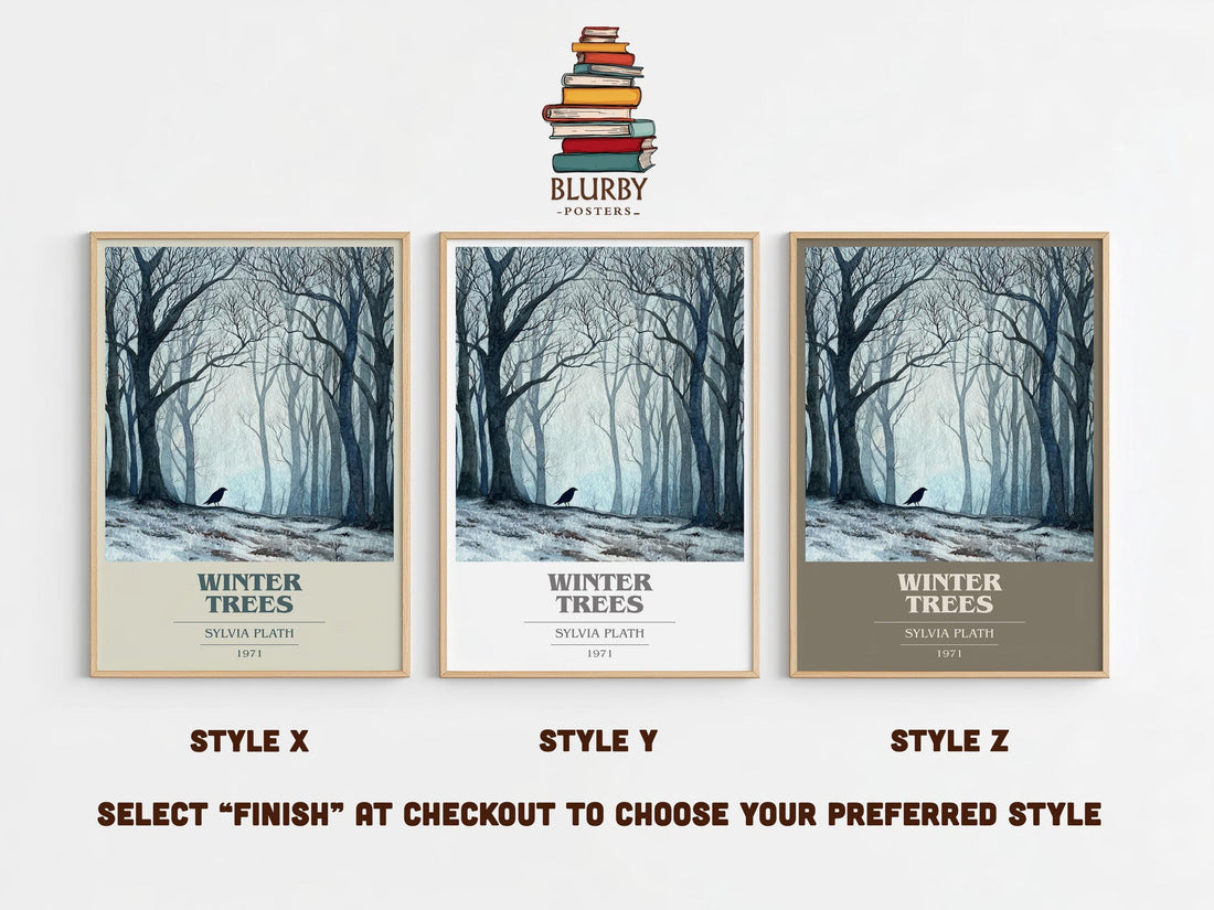 Winter Trees book cover print in frame leaning in hallway – poetry wall art (mockup)