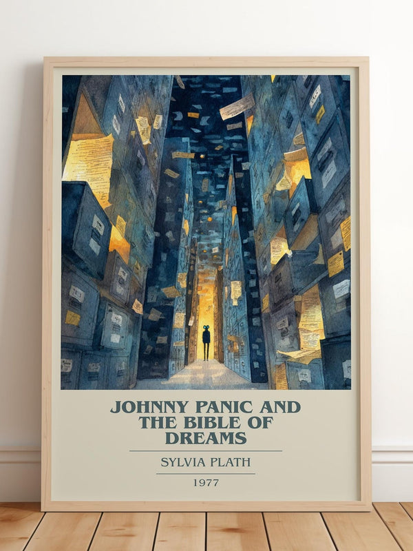 Johnny Panic And The Bible Of Dreams book cover print in frame leaning in hallway – childrens wall art