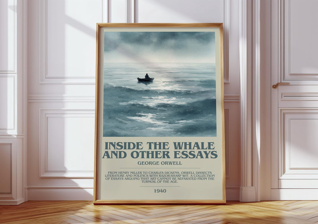 Inside the Whale and Other Essays bookish print in frame leaning in hallway – literary fiction wall art (mockup)