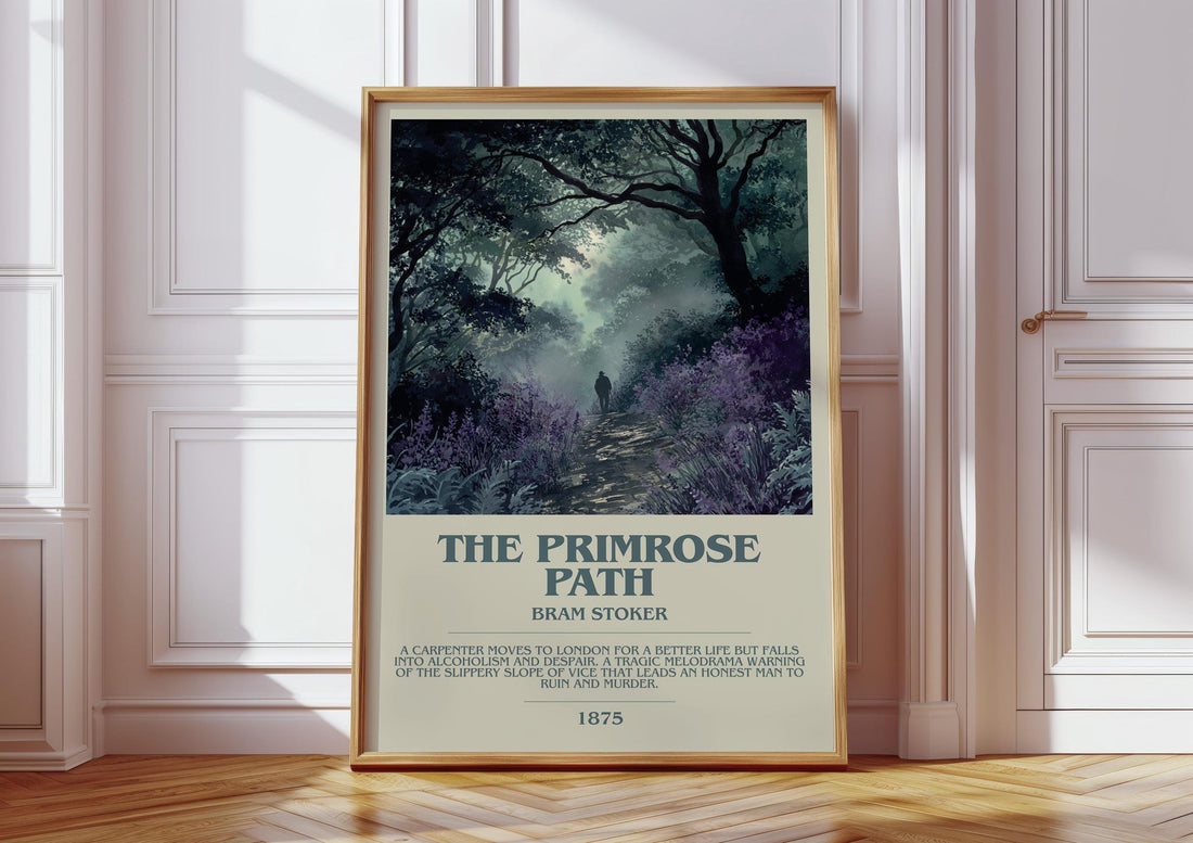 The Primrose Path bookish print in frame leaning in hallway – classic literature wall art (mockup)