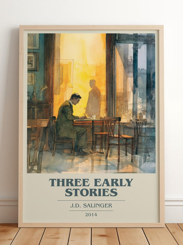 Three Early Stories book cover print in frame leaning in hallway – literary fiction wall art