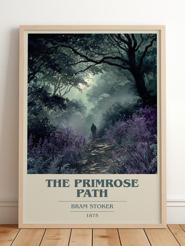The Primrose Path book cover print in frame leaning in hallway – non fiction wall art