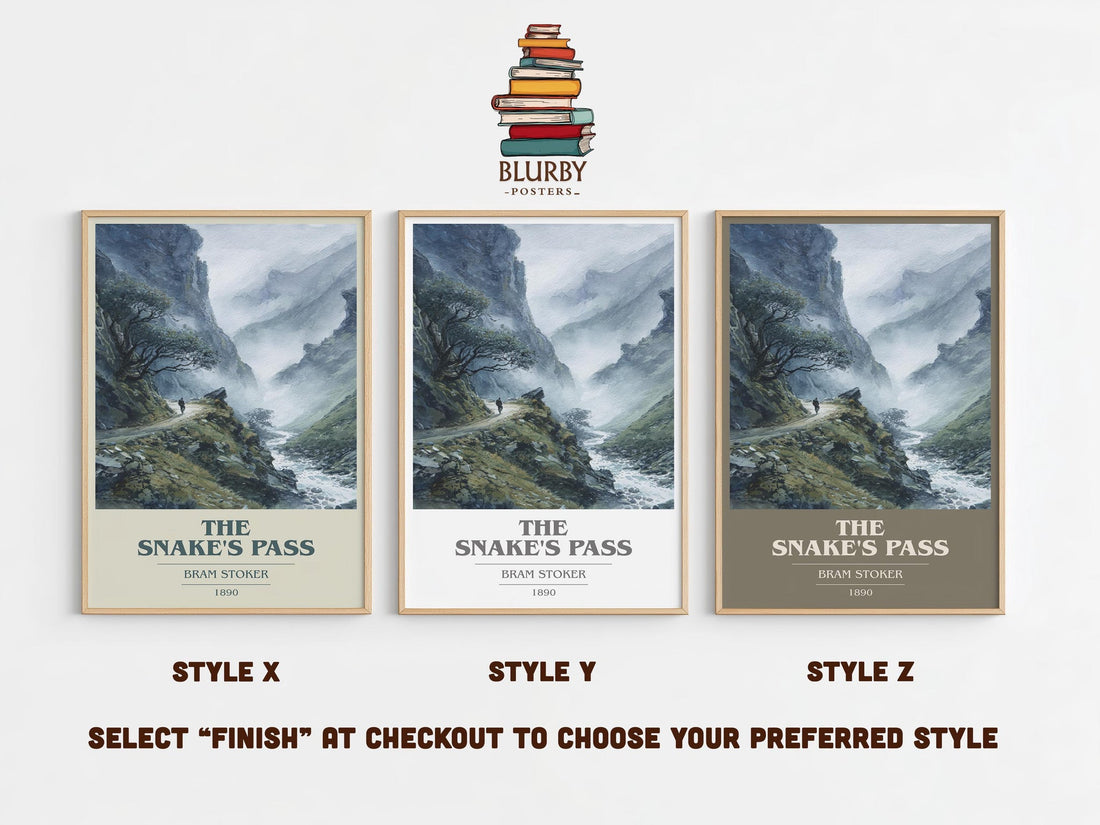 The Snake's Pass book cover print in frame leaning in hallway – gothic wall art (mockup)