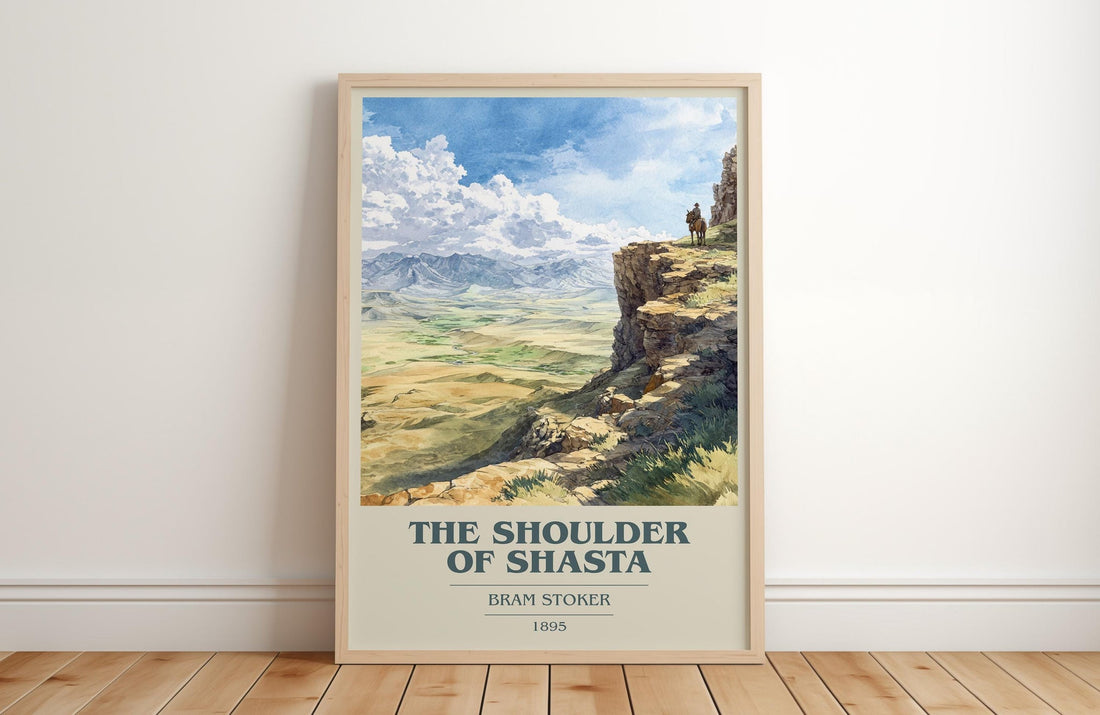 The Shoulder of Shasta book cover print in frame leaning in hallway – gothic wall art (mockup)