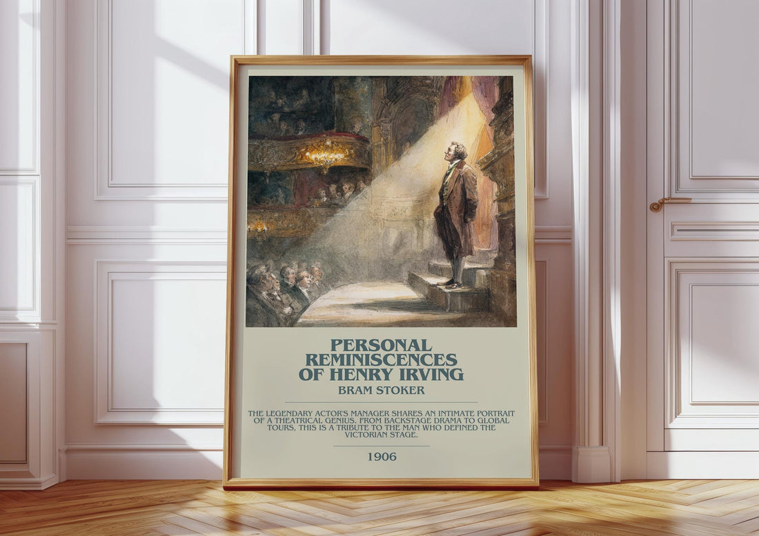 Personal Reminiscences of Henry Irving bookish print in frame leaning in hallway – romance wall art (mockup)
