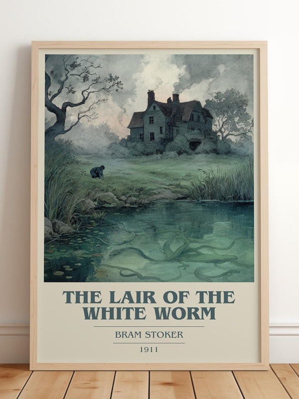 The Lair of the White Worm book cover print in frame leaning in hallway – non fiction wall art