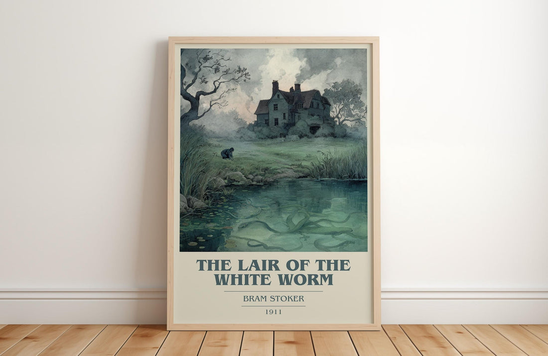 The Lair of the White Worm book cover print in frame leaning in hallway – non fiction wall art (mockup)
