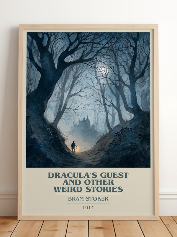Dracula's Guest And Other Weird Stories book cover print in frame leaning in hallway – gothic wall art
