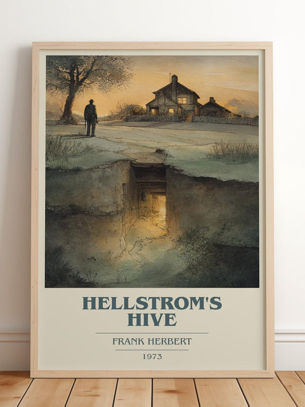 Hellstrom's Hive book cover print in frame leaning in hallway – sci fi wall art