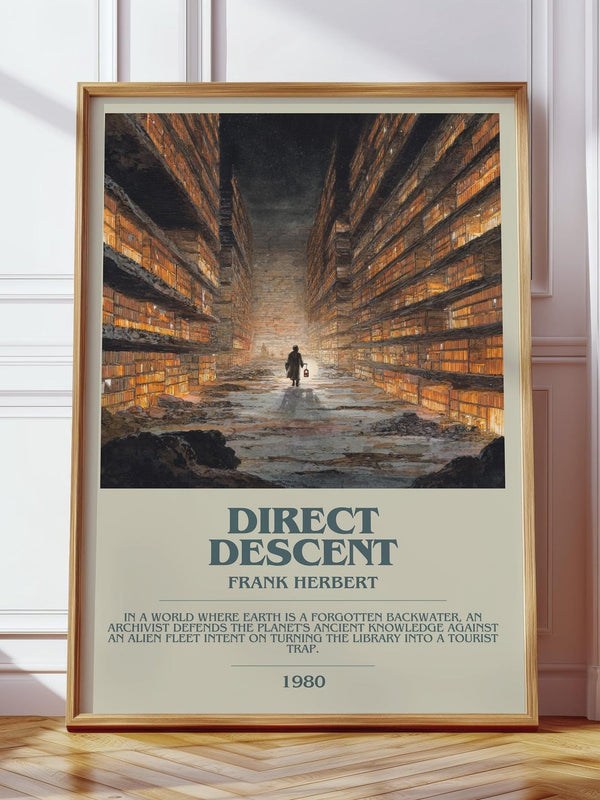Direct Descent bookish print in frame leaning in hallway – sci fi wall art
