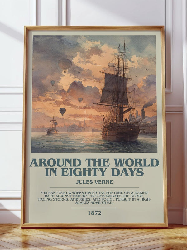 Around the World in Eighty Days bookish print in frame leaning in hallway – thriller wall art