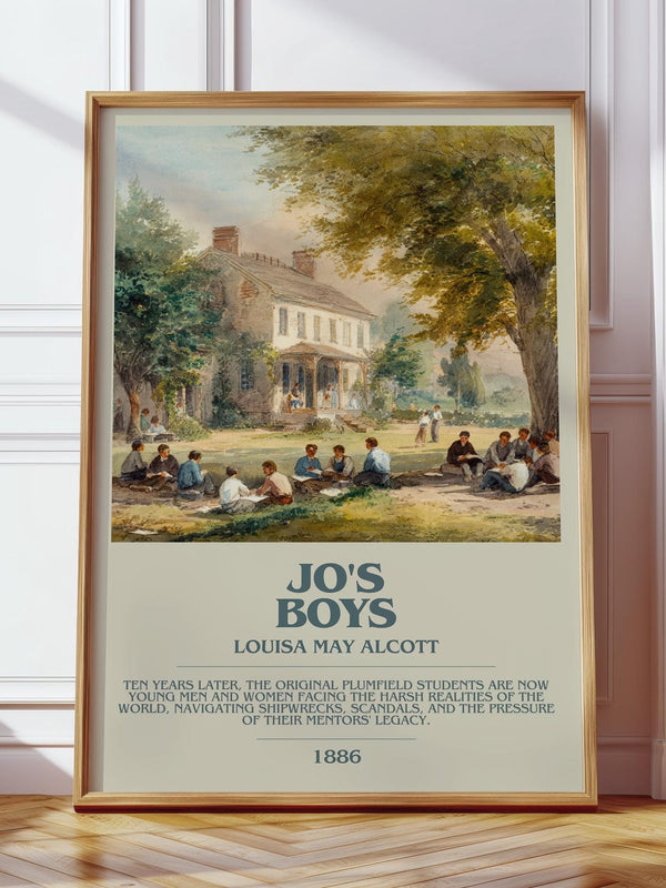 Jo's Boys bookish print in frame leaning in hallway – childrens wall art
