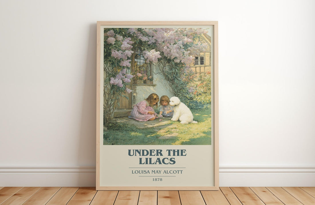 Under the Lilacs book cover print in frame leaning in hallway – classic literature wall art (mockup)